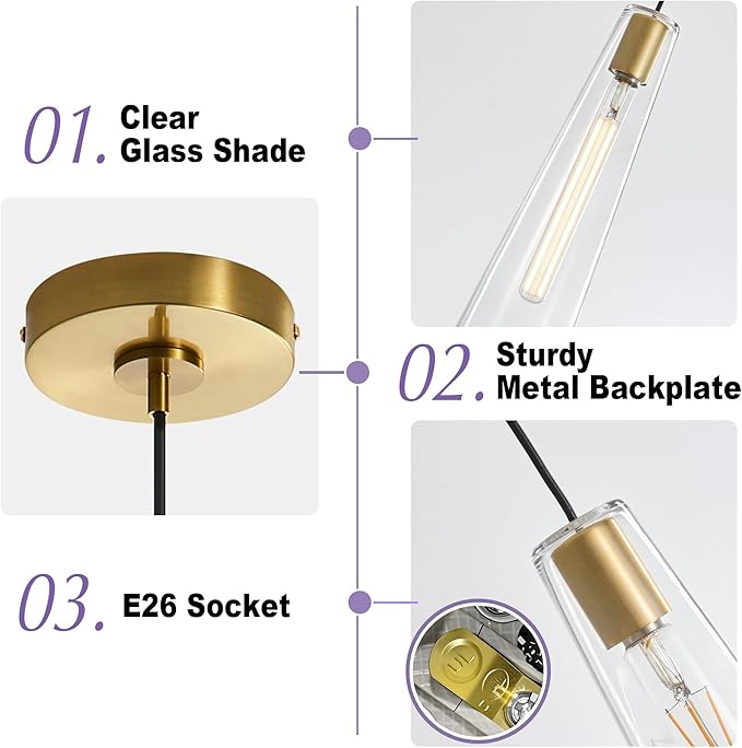 Modern Glass Pendant Lights Kitchen Island, Dimmable Gold Pendant Light Fixtures 1 Pack, Adjustable Farmhouse Hanging Light Fixture with Clear Glass Shades for Hallway Dining Room