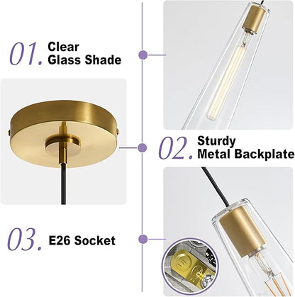Modern Glass Pendant Lights Kitchen Island, Dimmable Gold Pendant Light Fixtures 1 Pack, Adjustable Farmhouse Hanging Light Fixture with Clear Glass Shades for Hallway Dining Room