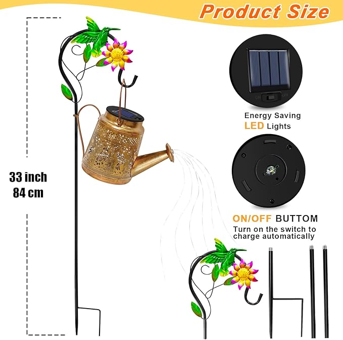 Mothers Day Gifts Solar Lights Outdoor Waterproof Garden Decor,Solar Watering Can Lights Hummingbird lanterns,Birthday Gift for Mom Women,Decorative Hanging Fairy String Light for Yard Art Patio Porch