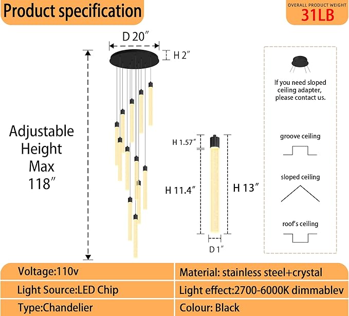 118'' Modern Crystal Column Chandelier for High Ceiling LED Dimmable Crystal Pendant Light Staircase Foyer Enterway Living Room Ceiling Chandelier Lighting Black 12 Lights
