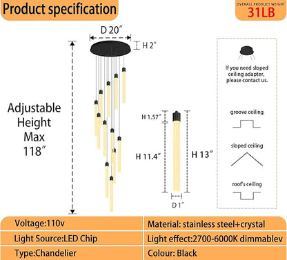 118'' Modern Crystal Column Chandelier for High Ceiling LED Dimmable Crystal Pendant Light Staircase Foyer Enterway Living Room Ceiling Chandelier Lighting Black 12 Lights