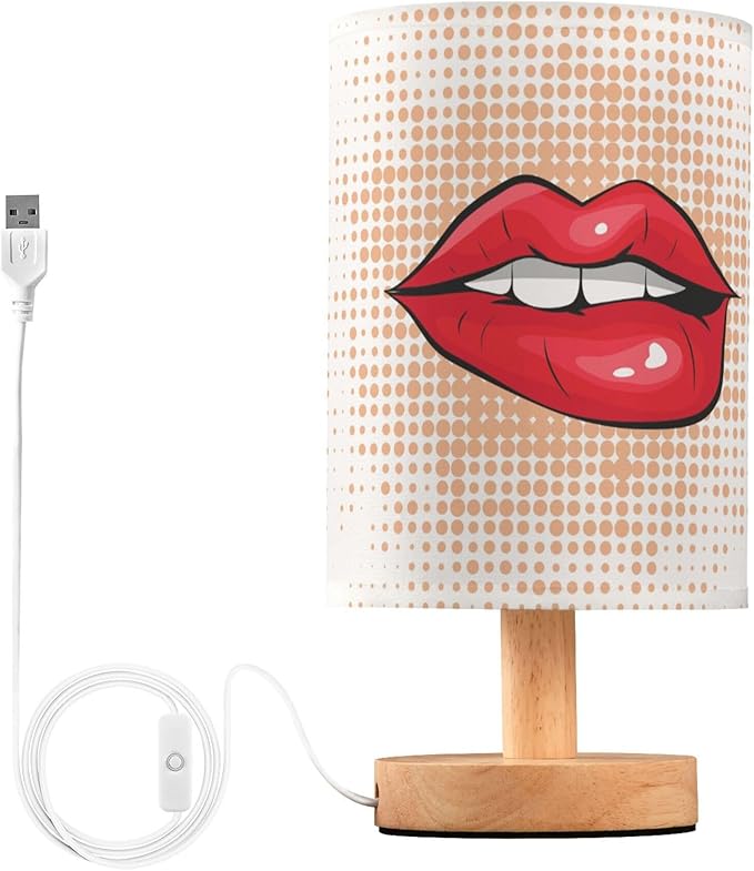 Bite Sexy Red Lip Polka Dot Table Lamp with Wood Base Fabric Lamp Shade Bedside Nightstand Desk Lamp for Living Room Bedroom Kids Room Office