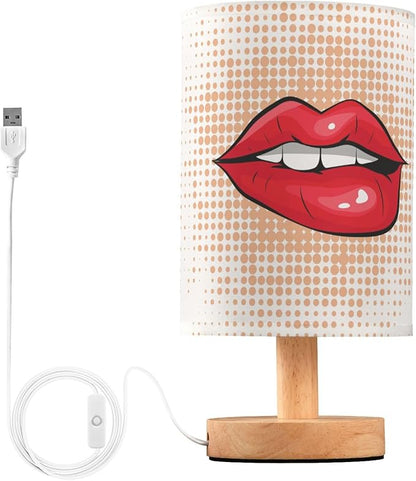 Bite Sexy Red Lip Polka Dot Table Lamp with Wood Base Fabric Lamp Shade Bedside Nightstand Desk Lamp for Living Room Bedroom Kids Room Office