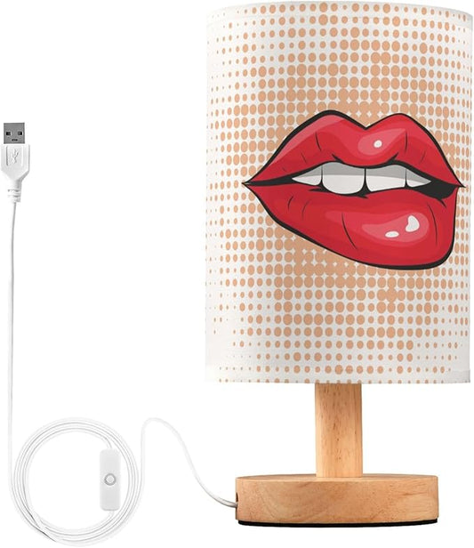Bite Sexy Red Lip Polka Dot Table Lamp with Wood Base Fabric Lamp Shade Bedside Nightstand Desk Lamp for Living Room Bedroom Kids Room Office