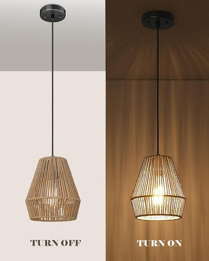 ELYONA Woven Pendant Lights, 7” Rustic Rattan Hanging Lamp Adjustable Handwoven Basket Shade, Boho Pendant Light Fixtures for Kitchen Island, Dining Room, Bedroom, Farmhouse Bar, Foyer Hallway, Brown