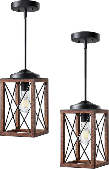 DEWENWILS 2 Pack Farmhouse Pendant Light, Metal Hanging Light Fixture with Wooden Grain Finish, 48 Inch Adjustable Pipes for Flat and Slop Ceiling, Kitchen Island, Bedroom, Dining Hall, ETL Listed