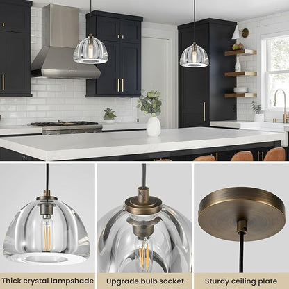 Crystal Pendant Light Kitchen Island: Set of 2 Vintage Brass Hanging Lights above Dining Table - 7" K9 Crystals Lighting over Kitchen Sink - Luxury Cylinder Pendants Light Fixtures Bulbs Included