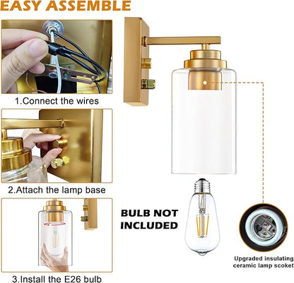 Pia Ricco Wall Sconces Set of 2, Bedside Wall Lamps with Rotary Switch for Bedroom, Modern Bathroom Light Fixtures with Clear Glass Shade, Gold Sconces Wall Lights for Living Room, Hallway, Kitchen