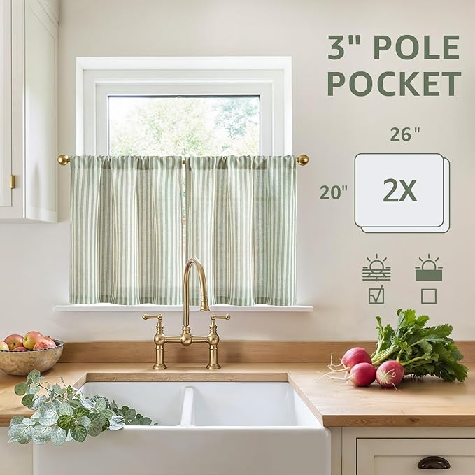 jinchan Striped Linen Kitchen Curtains 20 Inches Length Tier Curtains Farmhouse Modern Cafe Style Small Window Treatments Airy Light Filtering Rod Pocket for Living Room Bathroom 2 Panels Sage Green