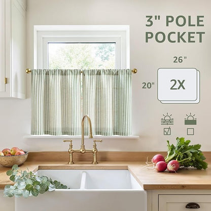 jinchan Striped Linen Kitchen Curtains 20 Inches Length Tier Curtains Farmhouse Modern Cafe Style Small Window Treatments Airy Light Filtering Rod Pocket for Living Room Bathroom 2 Panels Sage Green