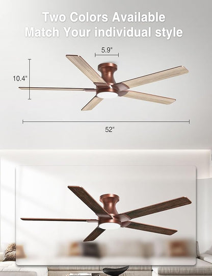 DAMINY 52 inch Brown Ceiling Fans with Lights,5 Blades,6CCT, Low Profile,Remote Control,for Bedroom, Kitchen,Living Room,Indoor/Outdoor Use,Flush Mount
