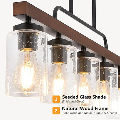 Farmhouse Chandelier 6-Light Dining Room Light Fixture Over Table Kitchen Island Lighting Rustic Chandeliers for Dining Light with Seeded Glass Shade Wood Pendant Lights Kitchen Island