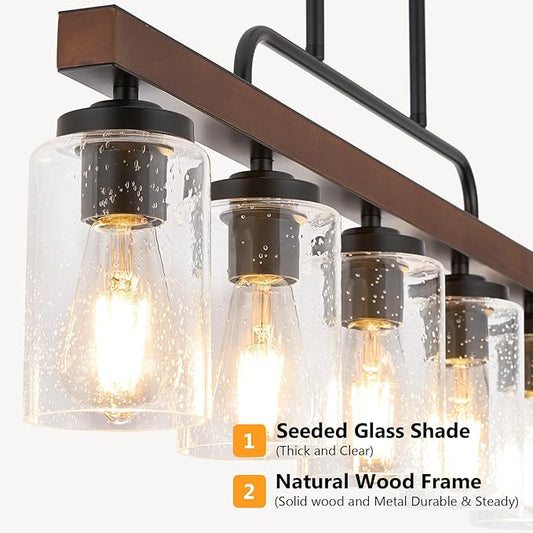 Farmhouse Dining Room Light Fixture, 4-Light Wood Kitchen Island Lighting, Industrial Chandeliers for Dining Room Over Table Black Pendant Light with Seeded Glass Shade for Bar Restaurant