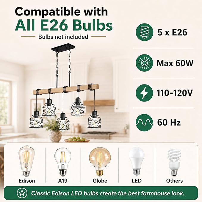 5 Light Farmhouse Kitchen Island Lighting,Dining Room Light Fixture,Adjustable Height Pendant,Real Wood and Black Metal Cage Chandelier for Kitchen,Dining Room
