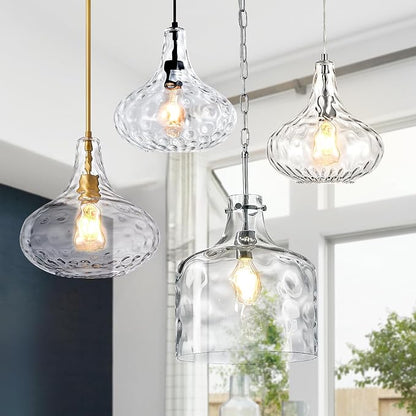 CATINER 11" Clear Glass Pendant Light – Large Hand-Blown Glass Shade with Hammered Texture and Gold Finish, Adjustable Ceiling Hanging Light for Kitchen Island, Dining Room, Hallway, Living Room