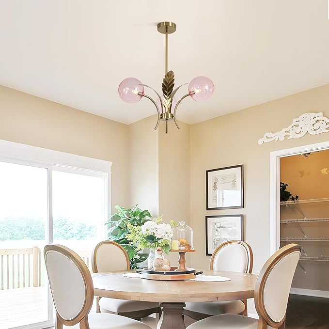 BOKT Pink Gold Sputnik Semi Flush Mount Ceiling Pendant Light Antique Globe Vintage Mid Century Modern Glass Chandelier for Dining Room Bedroom Kitchen Hallway G9 Bulb Included