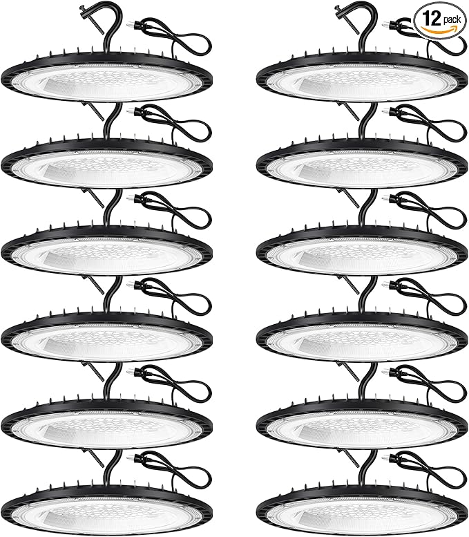 YANYCN 12 Pack 100W UFO Led High Bay Light Fixture,5000K Daylight Commercial Shop Bay Lighting,120v,15000LM,[450W MH/HPS Equiv.] US Plug Area Lighting for Warehouse/Barn/Gym/Factory/Workshop