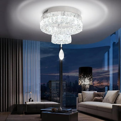 Flashing God Dia 12" Mini Chandelier Modern Crystal Chandeliers for Hallway Silver Flush Mount Ceiling Light Modern Chandeliers Lighting for Bedroom Staircase Kitchen
