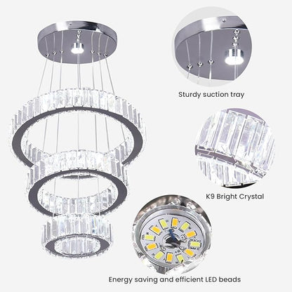 CLAIRDAI Crystal Chandeliers 3 Rings Ceiling Light Fixture LED Chandelier for High Ceiling Hanging Chandeliers for Bedroom Dining Room Living Room (6500K Cool White)