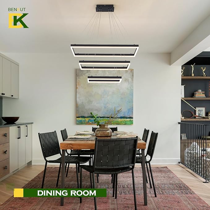 Benkut 3 Rings Modern LED Chandelier Black 31.5inch Rectangle Dimmable LED Pendant Light with Remote Control 3 Tier Flush Mount High Ceiling Light for Dining Living Room Foyer(3000K-6500K, H71)