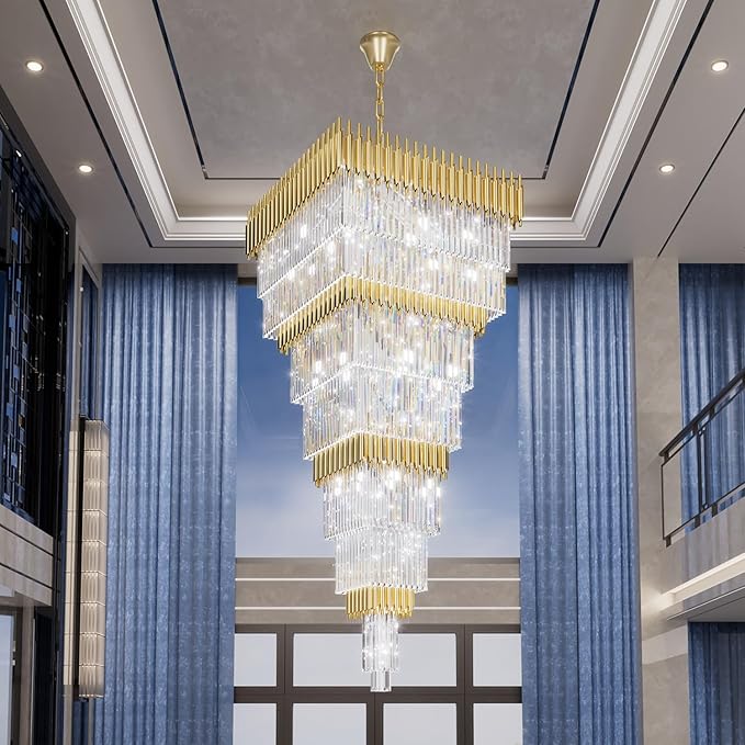 W32 x H94.5 Large Gold Chandeliers for High Ceiling, 25-Light Square Tiered K9 Crystal Raindrop Chandelier, Adjustable Height Luxury Pendant Light for Staircase, Villa Foyer, Entryway