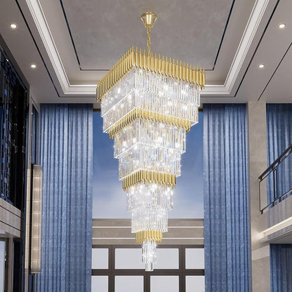W32 x H94.5 Large Gold Chandeliers for High Ceiling, 25-Light Square Tiered K9 Crystal Raindrop Chandelier, Adjustable Height Luxury Pendant Light for Staircase, Villa Foyer, Entryway