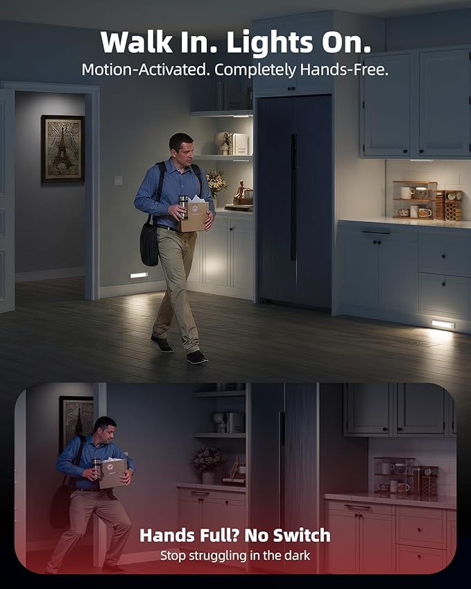 6-Pack Under Cabinet Lighting, 34 LED Rechargeable Battery Motion Sensor Light Indoor, Dimmable & 3 Color Temps, Stick-On Magnetic Closet Lights, Wireless Under Counter Lights for Kitchen (8inch)