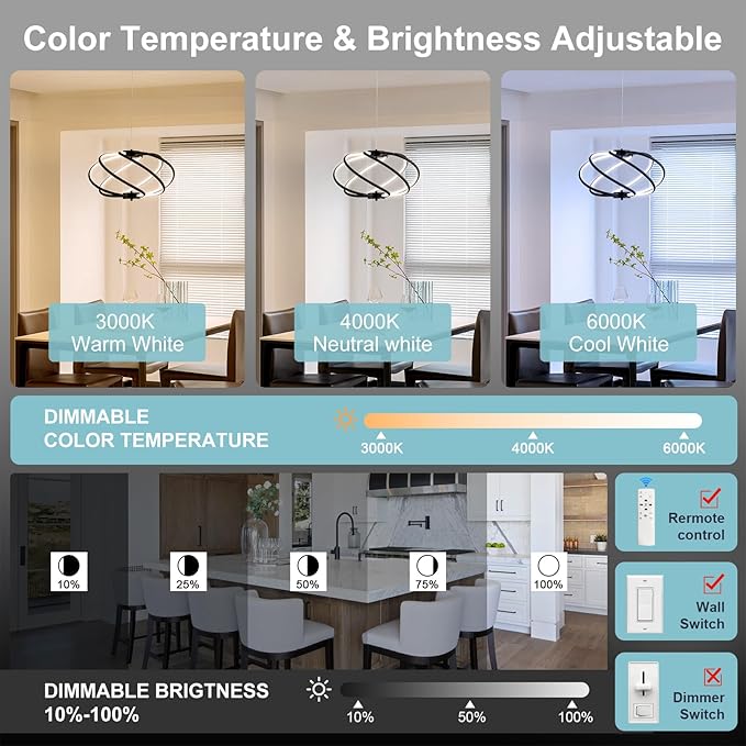 CHYING Modern Black Chandelier with Remote Control, 48W 3-Color Temperature Dimmable LED Chandelier for Dining Room, Hanging Adjustable Pendant Light for Living Room Kitchen Entryway Foyer