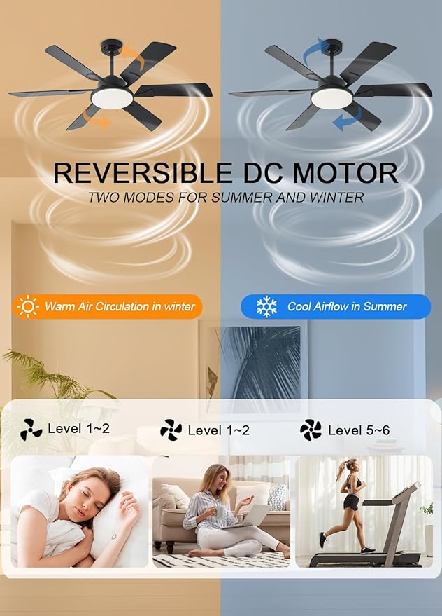 JSAITEE 52 Inch Low Profile Ceiling Fan with Lights, Remote & APP Control, 3CCT Dimmable, 6 Blades 6 Speed Ceiling Fans, Quiet Reversible DC Motor, Modern Black Ceiling Fan for Bedroom Living Room