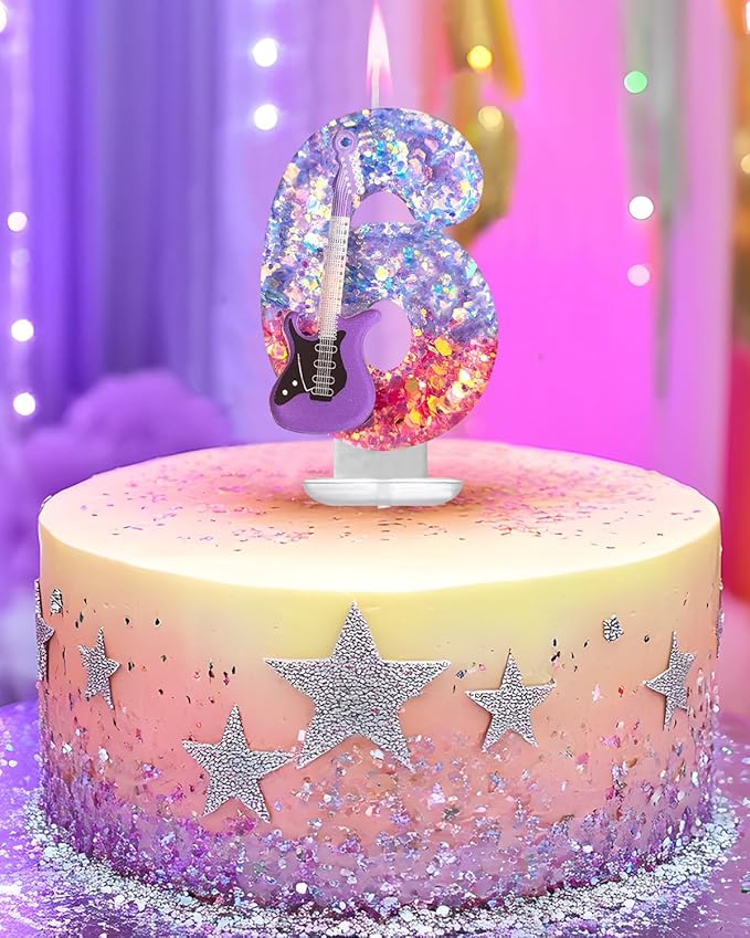 K-Pop Birthday Candle – Purple & Pink Glitter Music Theme Cake Candle with Guitar, Musical Party Decor for Girls, Teens, Kpop Fans (6)