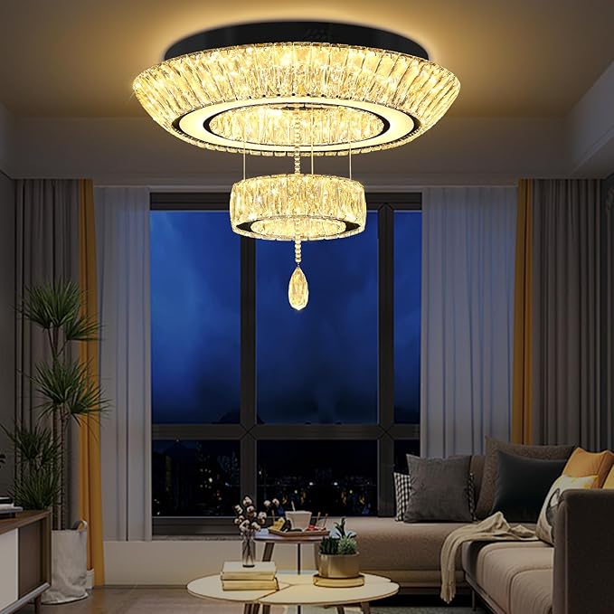 Led 24'' Black Ring Crystal Chandelier,Modern Luxury 2 Tier Crystal Raindrop Chandeliers Lighting for Dining Living Room LED Dimmable 3000-6000K