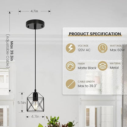 1-Light Hanging Pendant Light Fixture, Black Pendant Lights Kitchen Island, Farmhouse Pendant Lighting with Bedroom Dining Room, E26 Base, Bulbs Not Included, 4 Packs