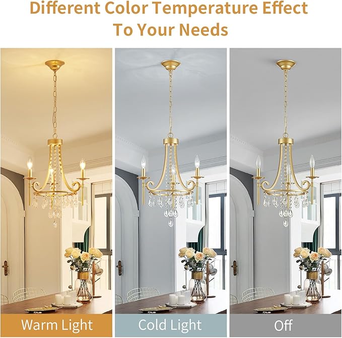 Small Crystal Chandelier, 3-Lights Modern Crystal Chandeliers for Dinning Room, Wagon Wheel Gold Chandelier, Farmhouse Hanging Pendant Light Fixture for Bedroom Hallway Entryway Bar Kitchen Bathroom