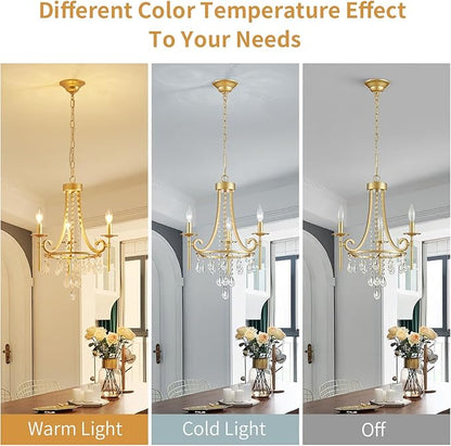 Small Crystal Chandelier, 3-Lights Modern Crystal Chandeliers for Dinning Room, Wagon Wheel Gold Chandelier, Farmhouse Hanging Pendant Light Fixture for Bedroom Hallway Entryway Bar Kitchen Bathroom