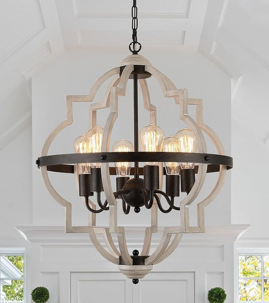 MEIXISUE Farmhouse Rustic Chandelier,ORB+Oak Finish,6-Light Vintage Antique Chandeliers Pendant Light Fixture for Kitchen Dining Room Living Room Entryway Foyer UL Listed