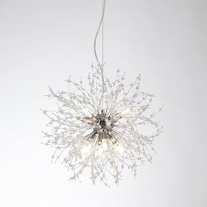 Small Firework Chandelier, 8 Lights Sputnik Pendant Island Light, Chrome Dandelion Crystal Chandelier for Kitchen Dining Room Bedroom