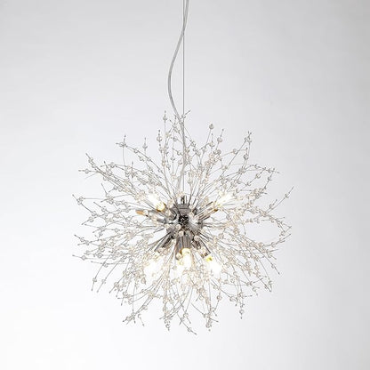 Small Firework Chandelier, 8 Lights Sputnik Pendant Island Light, Chrome Dandelion Crystal Chandelier for Kitchen Dining Room Bedroom