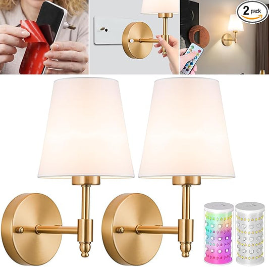 Vimhou Peel and Stick Wall Sconces, Stick On Wall Sconce Set of 2, Battery Operated Wireless Wall Light, No Drill Adhesive Wall Lamp, Corn Bulb with 10000mAh Rechargeable Battery, Bedroom Wall Decor
