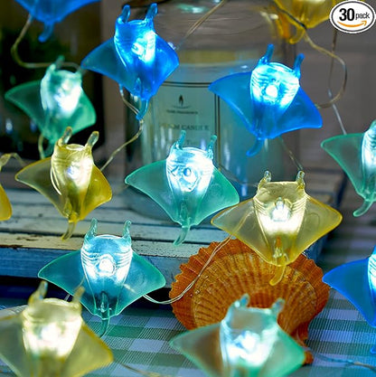 Sea Life Decor Ocean Fish Manta Ray String Lights Indoor Outdoor Nautical Theme Ocean Beach Decorative Lights Cute Marine Life Fairy Lights 30LED 10ft Battery Operated for Bedroom Garden Camp Tent
