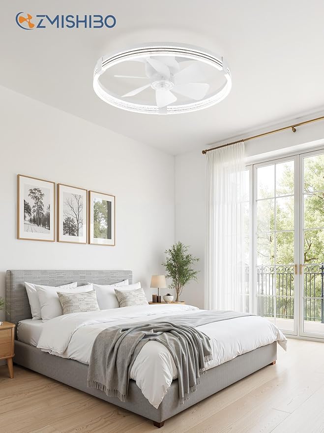 ZMISHIBO Low Profile Ceiling Fans with Lights, Flush Mount Modern Ceiling Fan and Remote Control, 23" LED Ceiling Fans, Stepless Dimmable 3 Colors and 6 Speeds