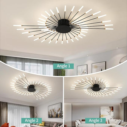ziidoo Modern Ceiling Light, 42 Lights Metal Firework Designed Chic Led Lighting Fixture for Farmhouse Kitchen Dining Room Bedroom Hallway Living Room (Black)