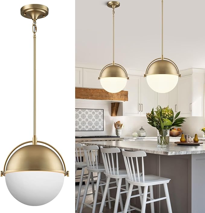 11.4 Inch Gold Globe Pendant Light Fixtures,Mid Century Modern Pendant Lights Kitchen Island with Milk Glass Shade, Adjustable Hanging Light Fixture for Kitchen Dining Room Bedroom Bathroom