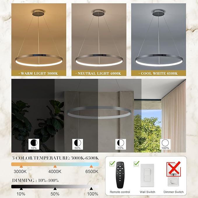 Nickel LED Ring Chandelier 24" Remote Control Dimmable Flush Mount Pendant Chandelier for Dinning Room Office Kitchen Living Room,3000-6500K