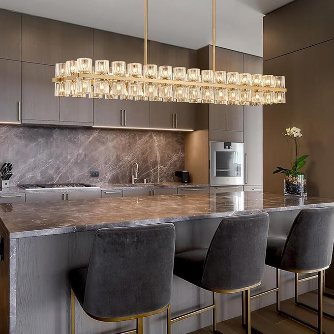 Crystal Gold Rectangular Chandelier for Dining Room, 54 in Light Fixture Dining Room Chandeliers Over Table, Modern Crystal Chandeliers Pendant Light for Kitchen Island, Living Room