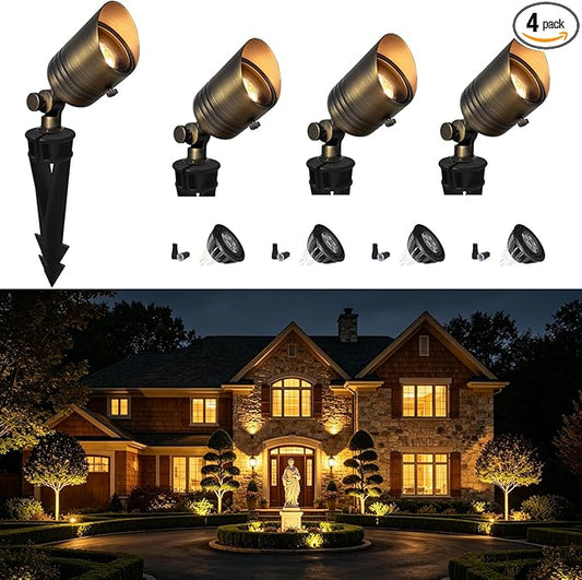 COLOER Brass Outdoor Spotlights,12V Low Voltage Landscape Lighting Without Bulb,Waterproof Landscape Spot Lights for Yard,Garden,Lawn,Tree,Small Size (4)
