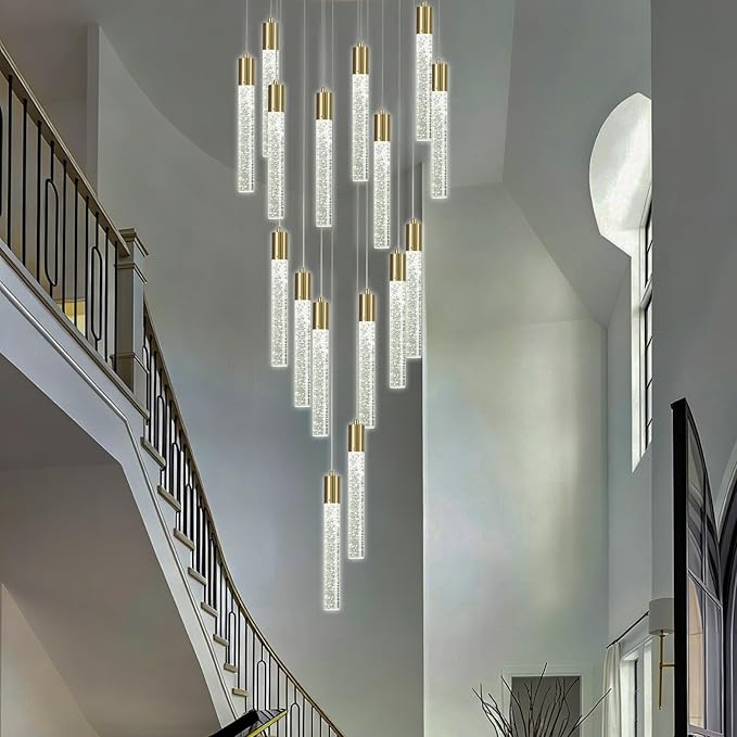 16 Lights Modern High Ceiling Crystal Chandelier, Gold Bubble Light Adjustable Height LED Chandeliers Ceiling Pendant Light Fixture for Living Room, Entryway, Staircase