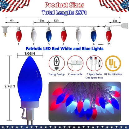 C9 Red White and Blue Lights for Fourth of July Decorations, 25Ft LED Patriotic Light 25 Shatterproof Christmas Light, Plug in 4th of July Decorations Lights for Party Memorial Day Independence Day
