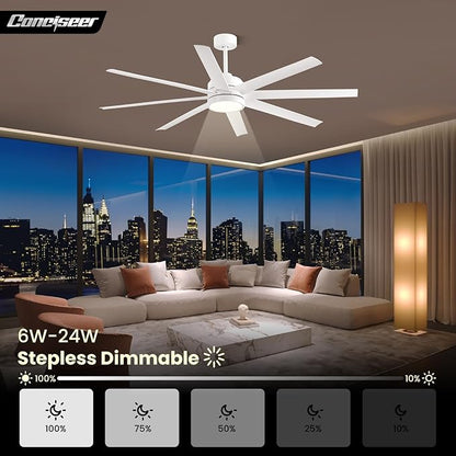 Modern Ceiling Fans with Lights, 65 Inch Ceiling Fan with Light and Remote for Bedroom Living Room Kitchen Office, Indoor/Outdoor Use, 24W 6CCT 8 Blades 6 Speed Reversible Quiet DC Motor, White