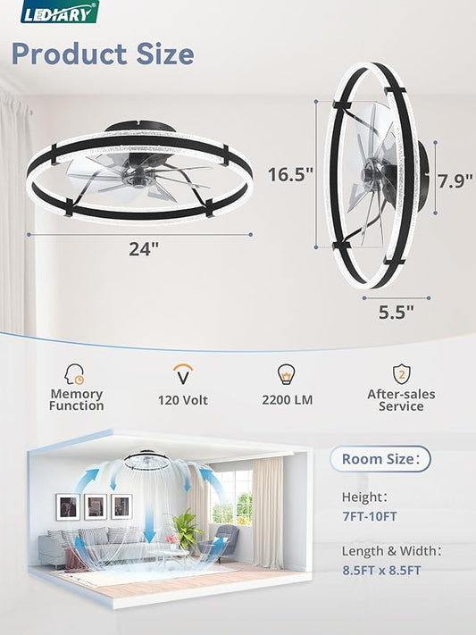 LEDIARY Ceiling Fans with Lights and Remote, 24'' Low Profile Ceiling Fan with Light, 3000-6000K Dimmable Fandelier Ceiling Fans, Modern Flush Mount Fan Light for Bedroom with 6 Wind Speeds- Black