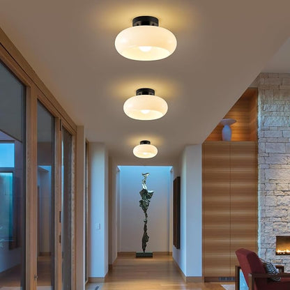 WOKNOS Mid-Century Modern Semi Flush Mount Ceiling Light, Metal Kitchen Light Fixture with Glass Shade,Vintage White and Black Colse to Ceiling Lamp for Entryway Hallway Bathroom (11.0 Inch)